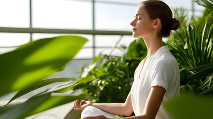 Woman meditating in natural light surrounded by plants
