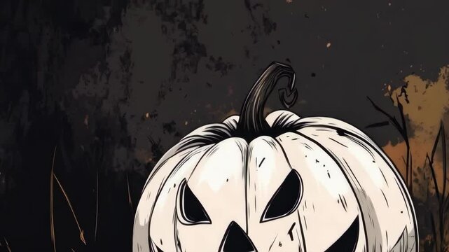 Stylized illustration of a white pumpkin with a spooky face on a dark and moody Halloween night background, with foliage and leaves.