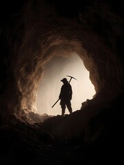 Silhouette of a miner in a cave, holding a pickaxe, with soft light illuminating the background