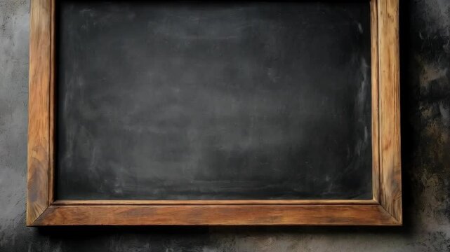 Empty dark chalkboard in a rustic wooden frame with gray textured concrete background, perfect for a message or menu board.