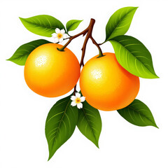 Ripe Oranges with Leaves and Blossoms on Branch