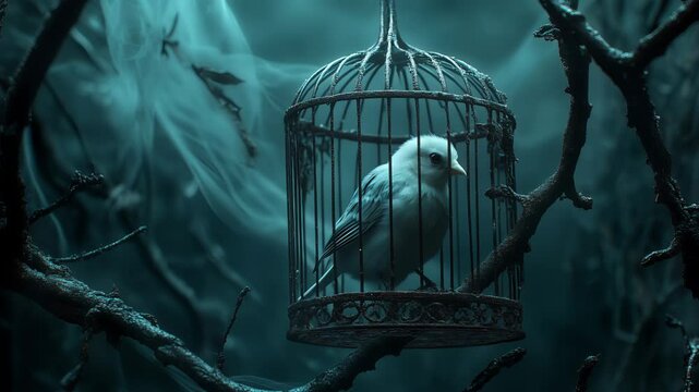 A small bird sits perched inside an cage surrounded by eerie branches in a foggy fores