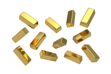 Flying gold bars isolated on transparent background. Png