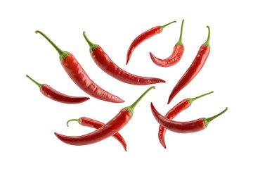 Flying red hot chili peppers isolated on transparent background. Png