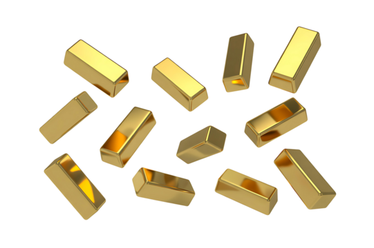 Flying gold bars isolated on transparent background. Png