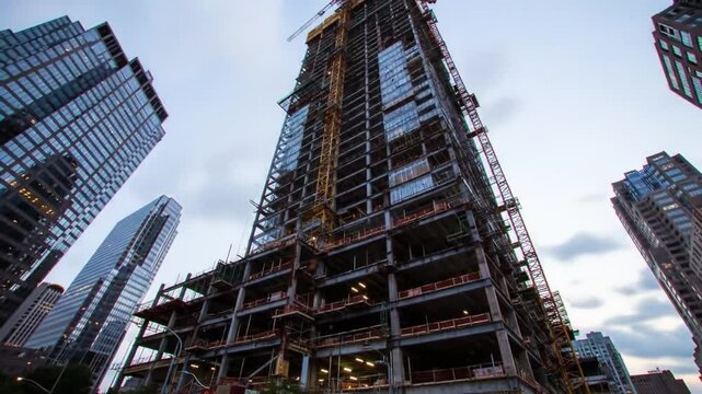 Construction project lights up a city skyline at night in a bustling urban area