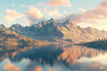 Obraz premium A breathtaking mountain landscape reflects in a calm lake under a soft, colorful sky.