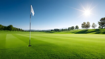 Picturesque golf course with green fairway and flag under a sunny sky