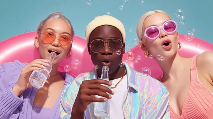 Group of stylish young friends enjoying summer drinks with holographic outfits, pastel colors, sunglasses, and bubbles. Vibrant Gen Z vibe with aesthetic light vacation energy and party mood.