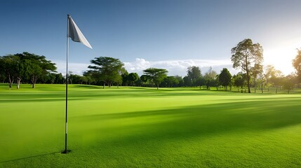 Obraz premium Scenic golf course with lush green fairway and flagpole