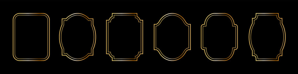 Vintage frames set isolated on black background. Decorative gold frame. Fashionable ornate frames for wedding invitations, greeting cards, prints.