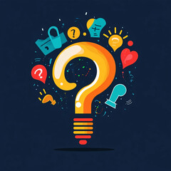 A colorful illustration features a question mark formed as a light bulb, symbolizing ideas and questions.