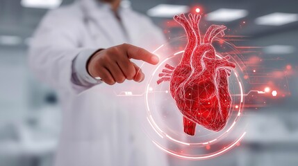 Doctor interacting with digital heart hologram. Concept of heart disease diagnostics, ischemic disease, hypertension, tachycardia, and modern cardiology technologies.