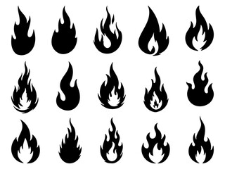 Set of black fire flame silhouette icons in different shapes. Simple flat vector design for symbols, warnings, logos, and graphic elements.