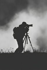 Silhouette of a photographer capturing nature's beauty at dusk with fog and grass in the background