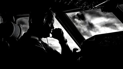 Pilot in cockpit deep in thought, clouds swirling outside, capturing the essence of flight and focus
