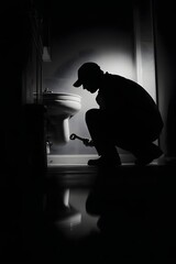 Plumber fixing a toilet in a dimly lit bathroom, with shadows creating a dramatic effect