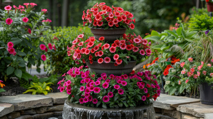 A vibrant outdoor garden scene featuring a tall clay pot filled with dark red and orange petunias, surrounded by a variety of colorful flowers and lush greenery.
