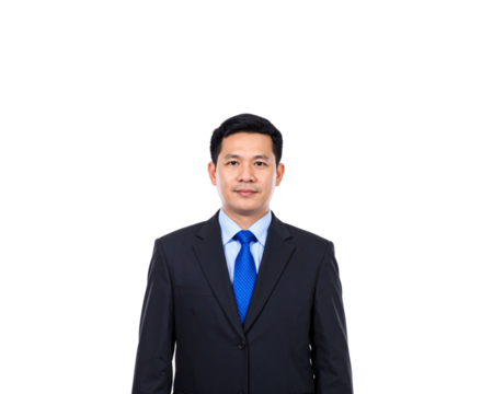 Asian businessman in dark suit and bright blue tie looking forward