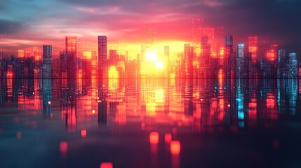 Futuristic city skyline sunset reflection