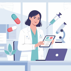 Female Doctor Holding Tablet in Modern Clinic – Flat Vector Healthcare Illustration with Medical Icons and Clean Background