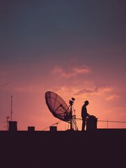 Silhouette of a technician adjusting satellite dish on rooftop at sunset, with colorful sky