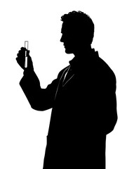 Scientist analyzing a test tube in silhouette, laboratory setting with equipment in the background