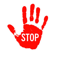 Red hand print with stop sign isolated on transparent background, png image 