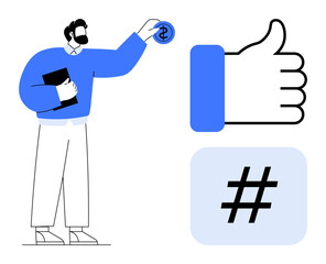 Man holding coin, thumbs-up and metadata tag icons symbolizing engagement, financial success, and marketing. Ideal for social media, business, marketing, finance, investment branding simple landing