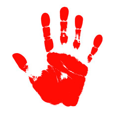 Red hand print isolated on transparent background, png image 