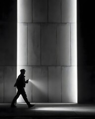 A silhouette of a person walking with a flashlight in a modern architectural space at night