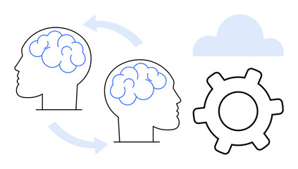 Brains exchanging ideas with arrows, cloud, and gear. Ideal for collaboration, innovation, technology, data sharing, brainstorming problem-solving education. Flat simple metaphor