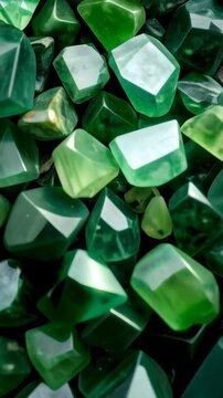 Collection of several green gemstones or crystals, polished with facets, scattered and overlapping, creating a vibrant green textured pattern.