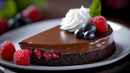 Delicious chocolate cake with berries, whipped cream. Food photography for recipe websites