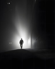 Silhouetted figure walking through a foggy urban alley, illuminated by a distant light, evoking mystery