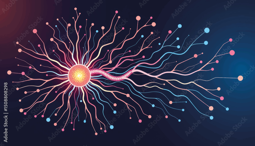 Poster abstract neural data flow chart with colorful connections, neuro-analysis