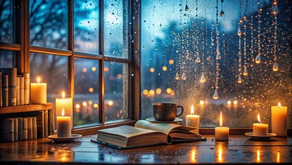 Cozy Rainy Window Scene with Books and Candlelight 13
