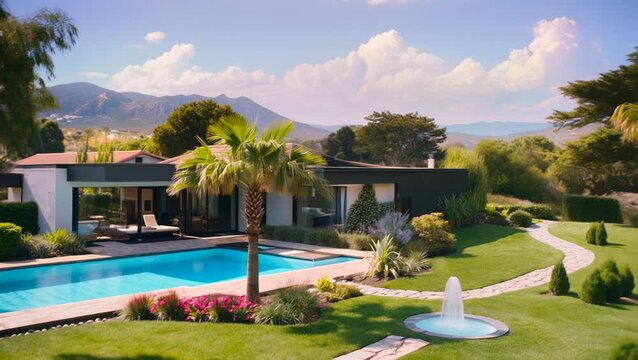 Modern villa with luxurious swimming pool and beautiful landscape