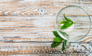 Tea cup with fresh mint leaves on a table with copy space. Health benefits of peppermint tea...