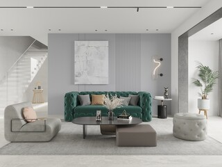 Mock up of a bright spacious living room with an original comfortable sofa and a stylish decorative background, 3D rendering.