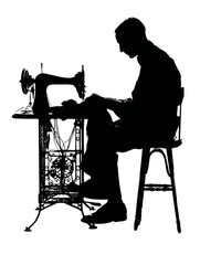 Silhouette of a tailor focused on sewing at a vintage machine, creating garments in a workshop