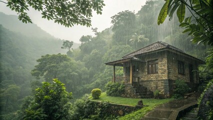 Traditional Stone House in Rainforest During Heavy Rainfall 11