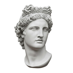 Apollo marble bust with detailed curly hair, isolated on transparent background