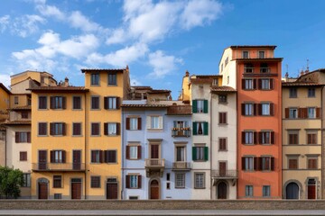 Fototapeta premium Colorful European buildings stand closely together under a bright sky, showcasing historical