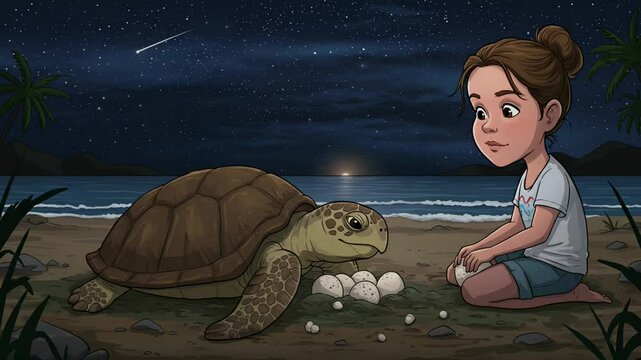 Cartoon beach scene girl watches turtle eggs at night