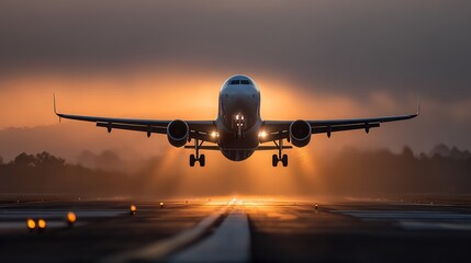 Fototapeta premium Commercial jet aircraft landing at sunset.