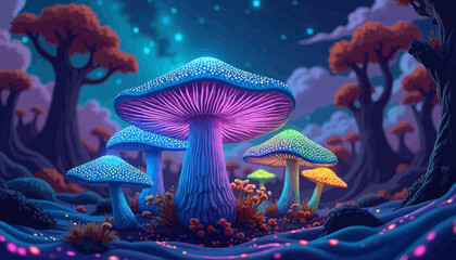 Glowing Fungi In A Fantasy Woodland At Night