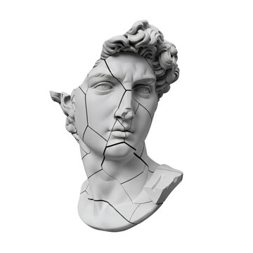 Cracked plaster bust sculpture, isolated on transparent background