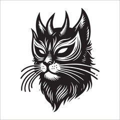 Intricate Black and White Cat Mask Design with Horns a Stylish Tattoo or Graphic Design Element