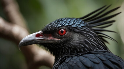 Asian Koel Portrait Striking Deep Red Eye and Glossy Black Feathers with Blue Sheen in Natural Light